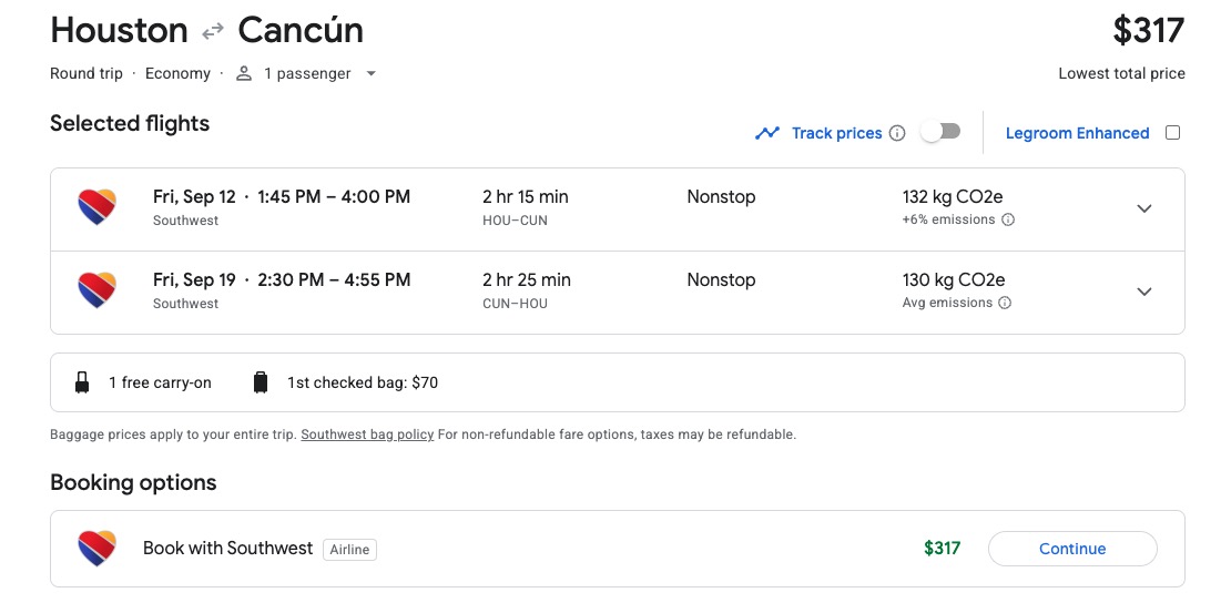 Google Flights listing for HOU-CUN